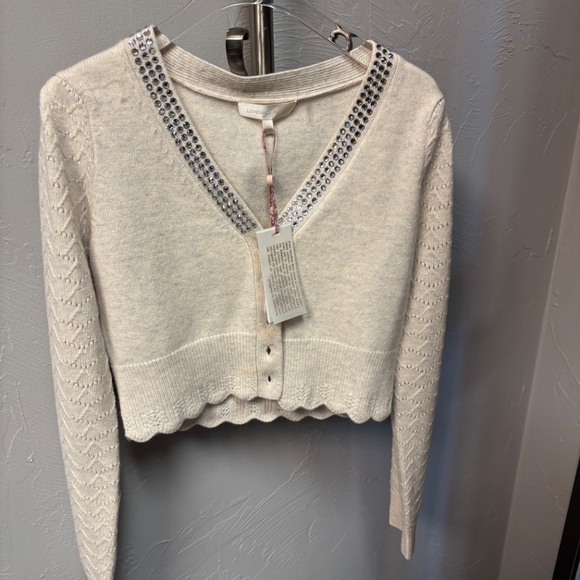 LOVE SHACK FANCY BRYNNER CROP CARDIGAN XS in PEBBLE - Picture 4 of 11
